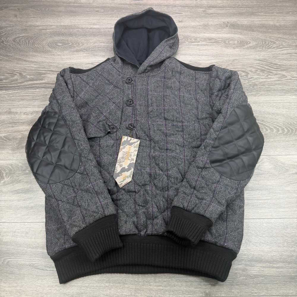 Maharishi Tweed Hooded Pullover Mens Large Gray Herringbone Woven Elbow Patches